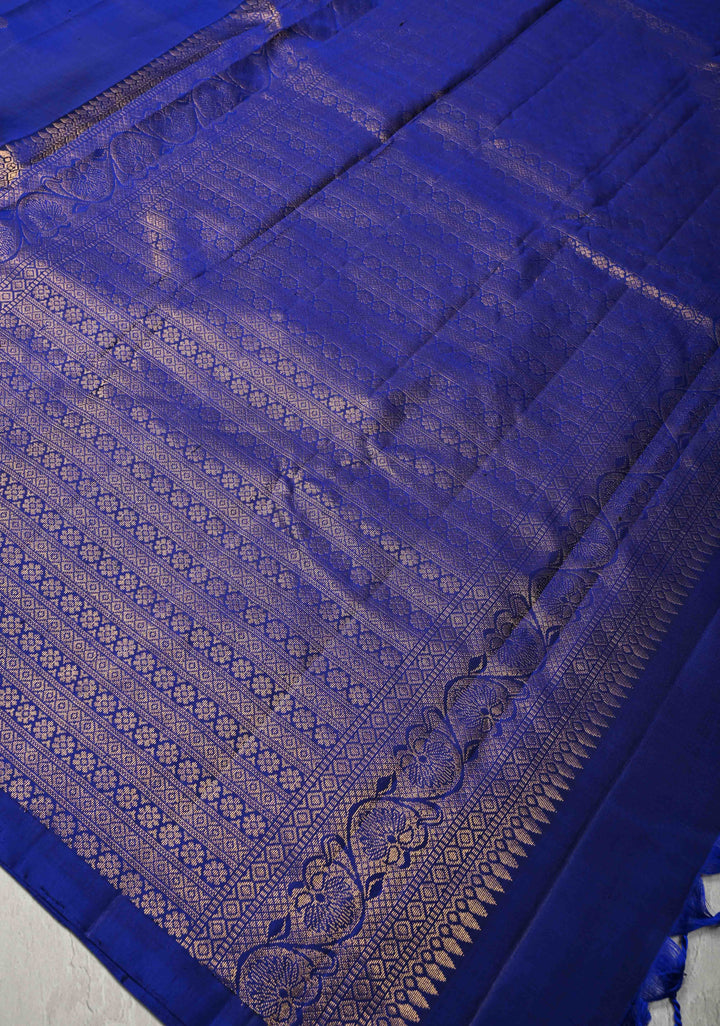 Ink Blue Kanjivaram Soft Silk Saree with Chunri Buttis and Procession Zari Border | SILK MARK CERTIFIED