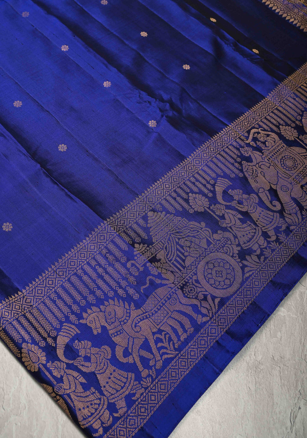 Ink Blue Kanjivaram Soft Silk Saree with Chunri Buttis and Procession Zari Border | SILK MARK CERTIFIED