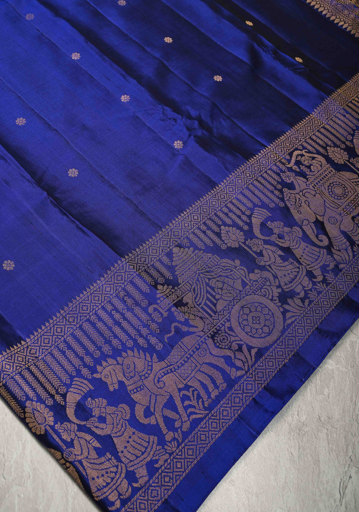 Ink Blue Kanjivaram Soft Silk Saree with Chunri Buttis and Procession Zari Border | SILK MARK CERTIFIED