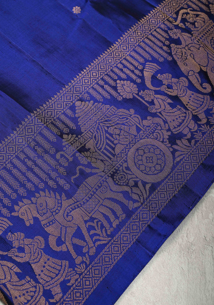 Ink Blue Kanjivaram Soft Silk Saree with Chunri Buttis and Procession Zari Border | SILK MARK CERTIFIED