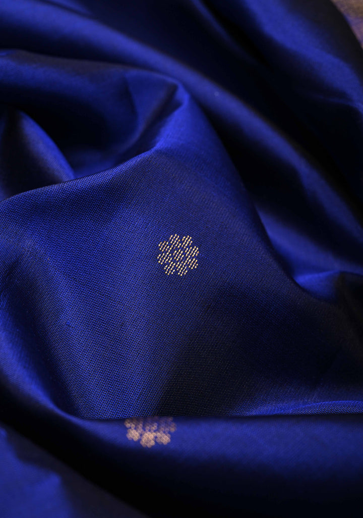 Ink Blue Kanjivaram Soft Silk Saree with Chunri Buttis and Procession Zari Border | SILK MARK CERTIFIED