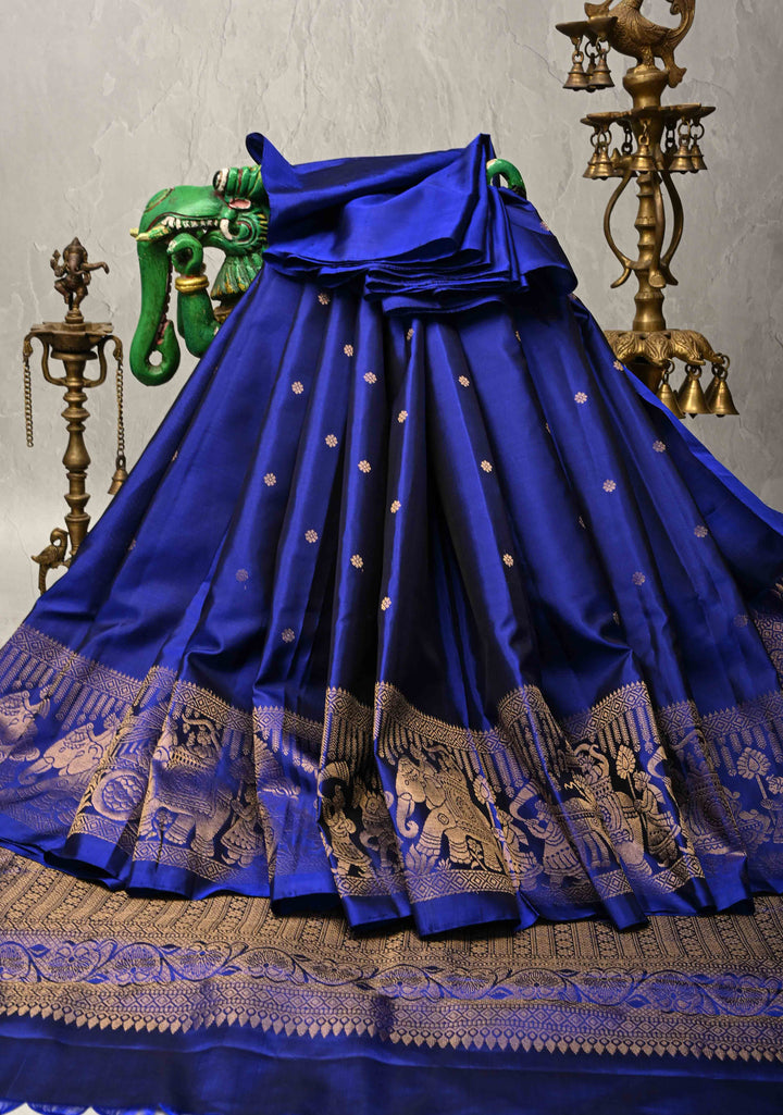 Ink Blue Kanjivaram Soft Silk Saree with Chunri Buttis and Procession Zari Border | SILK MARK CERTIFIED