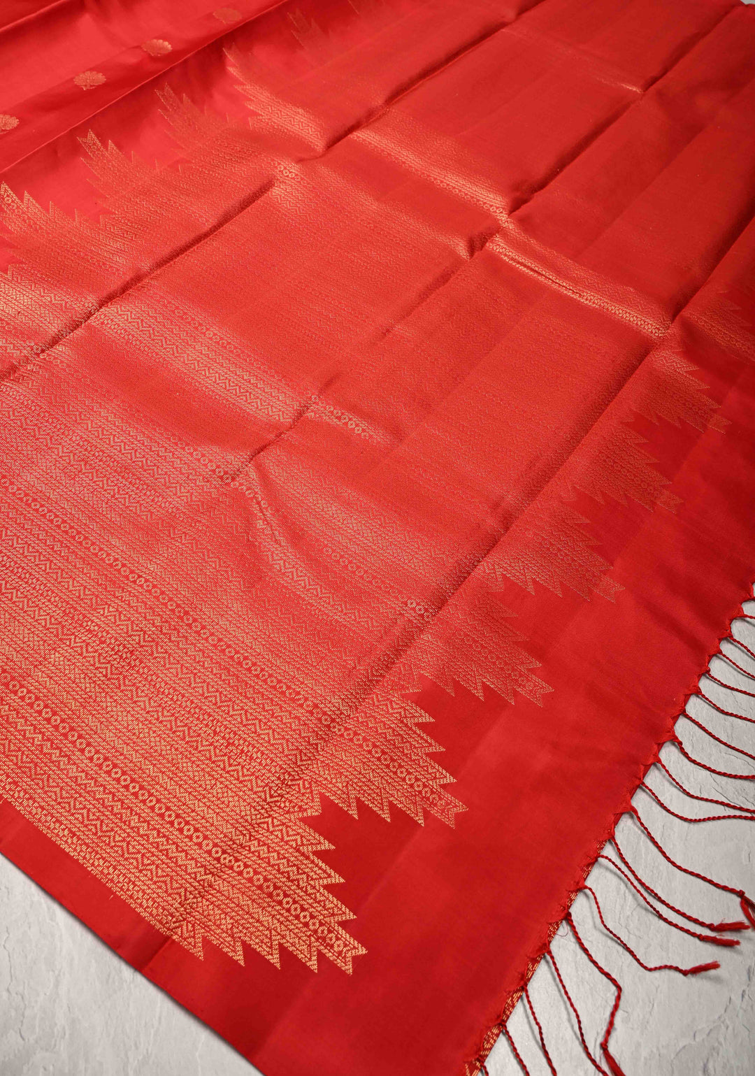 Scarlet Red Kanjivaram Soft Silk Saree with Floral Buttas and Temple Zari Border | SILK MARK CERTIFIED