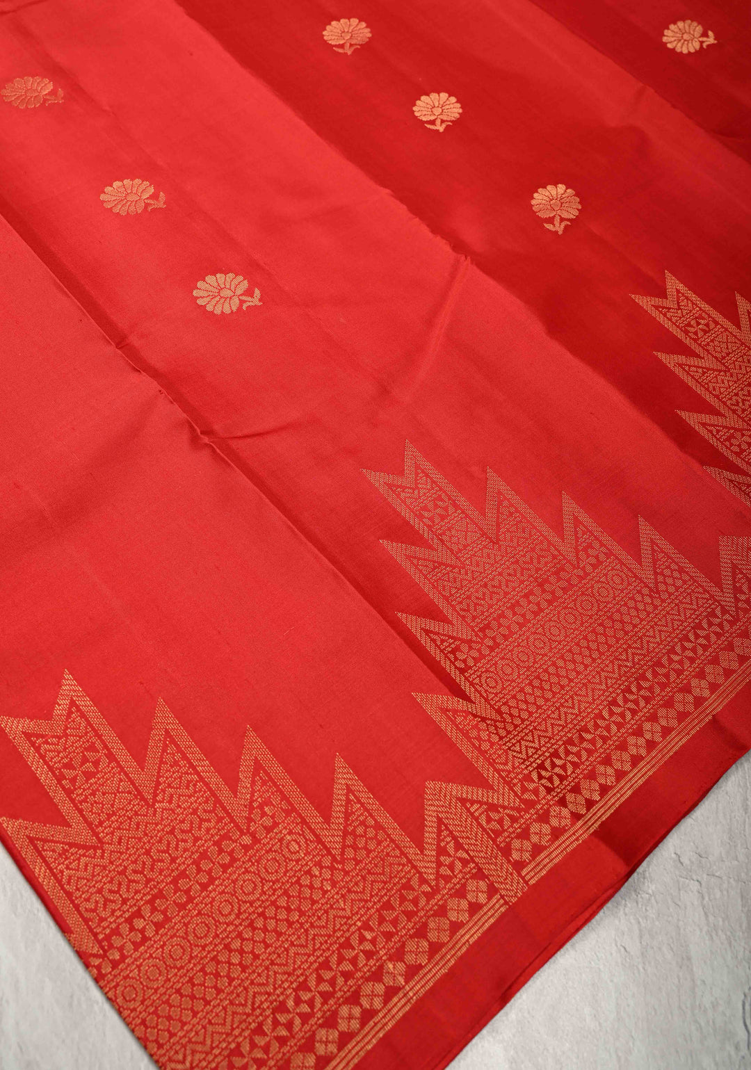 Scarlet Red Kanjivaram Soft Silk Saree with Floral Buttas and Temple Zari Border | SILK MARK CERTIFIED