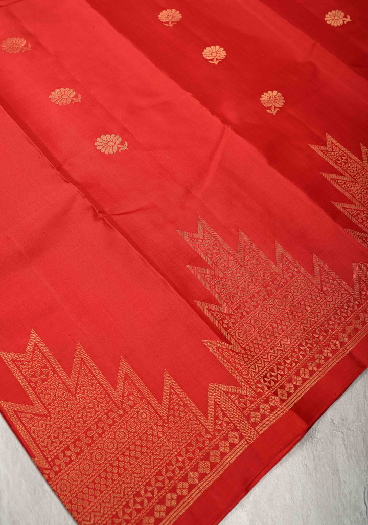 Scarlet Red Kanjivaram Soft Silk Saree with Floral Buttas and Temple Zari Border | SILK MARK CERTIFIED