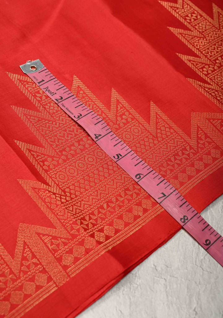 Scarlet Red Kanjivaram Soft Silk Saree with Floral Buttas and Temple Zari Border | SILK MARK CERTIFIED