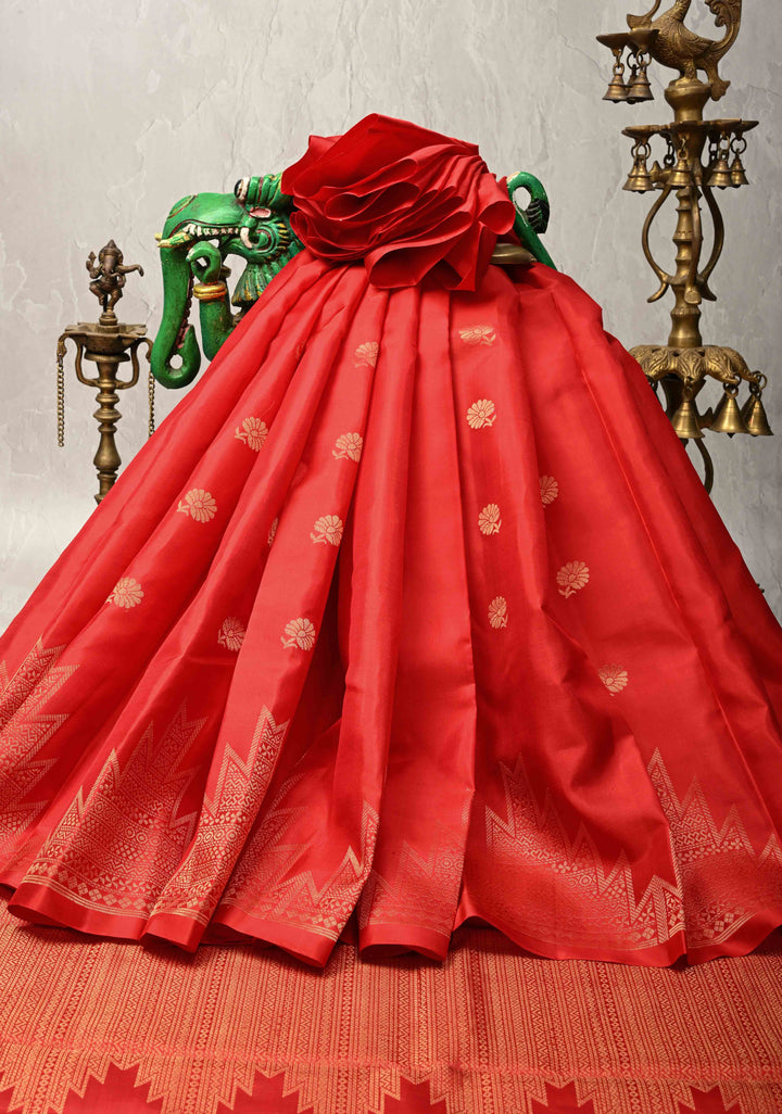 Scarlet Red Kanjivaram Soft Silk Saree with Floral Buttas and Temple Zari Border | SILK MARK CERTIFIED