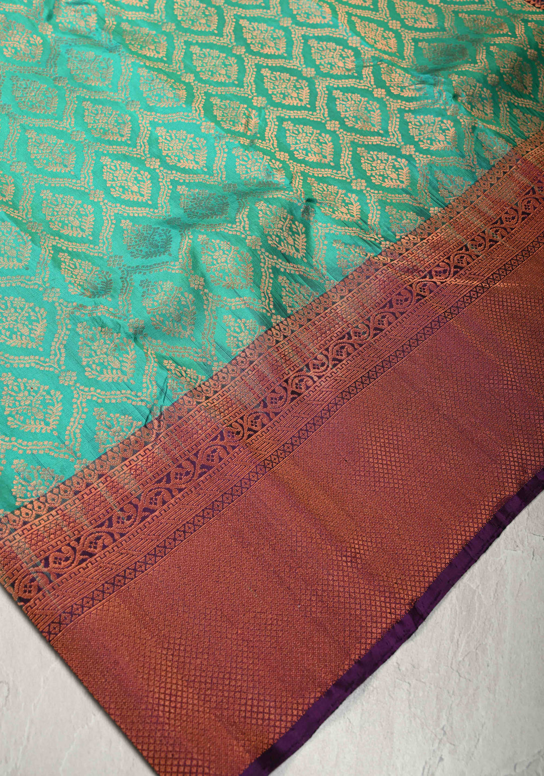 Irish Green Brocade Kanjivaram Soft Silk Saree with Contrast Zari Border | SILK MARK CERTIFIED