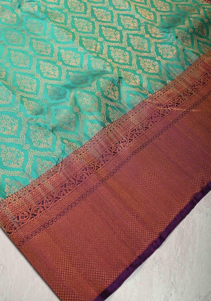 Irish Green Brocade Kanjivaram Soft Silk Saree with Contrast Zari Border | SILK MARK CERTIFIED