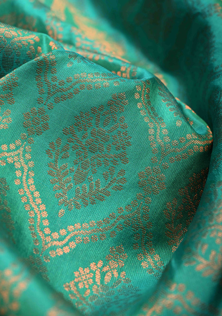 Irish Green Brocade Kanjivaram Soft Silk Saree with Contrast Zari Border | SILK MARK CERTIFIED