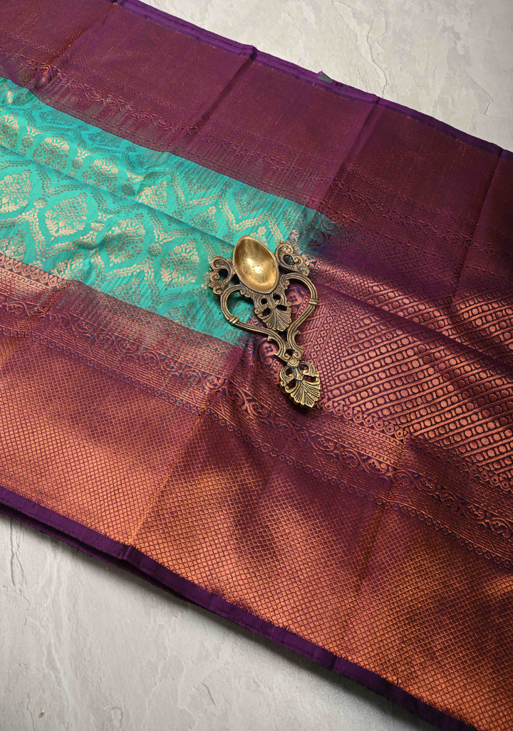 Irish Green Brocade Kanjivaram Soft Silk Saree with Contrast Zari Border | SILK MARK CERTIFIED