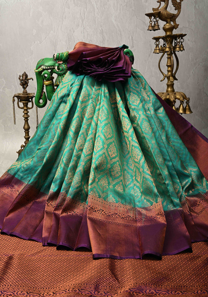 Irish Green Brocade Kanjivaram Soft Silk Saree with Contrast Zari Border | SILK MARK CERTIFIED