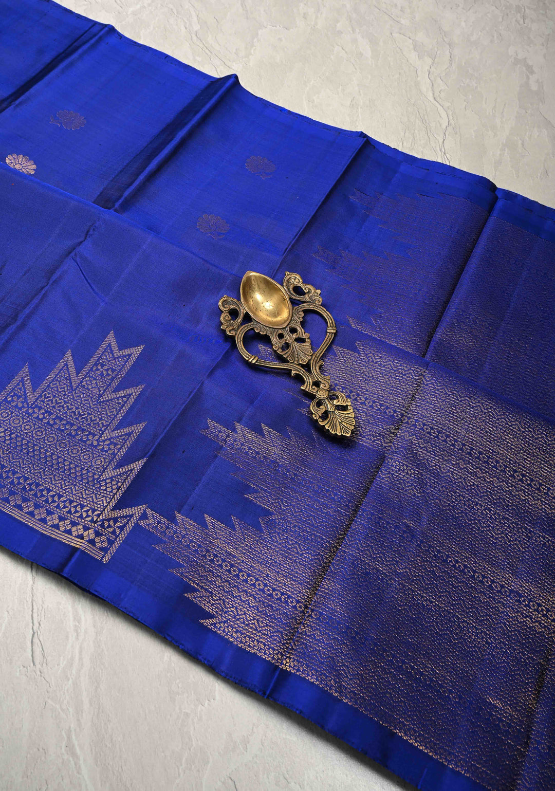 Sapphire Blue Kanjivaram Soft Silk Saree with Floral Buttas and Temple Zari Border | SILK MARK CERTIFIED
