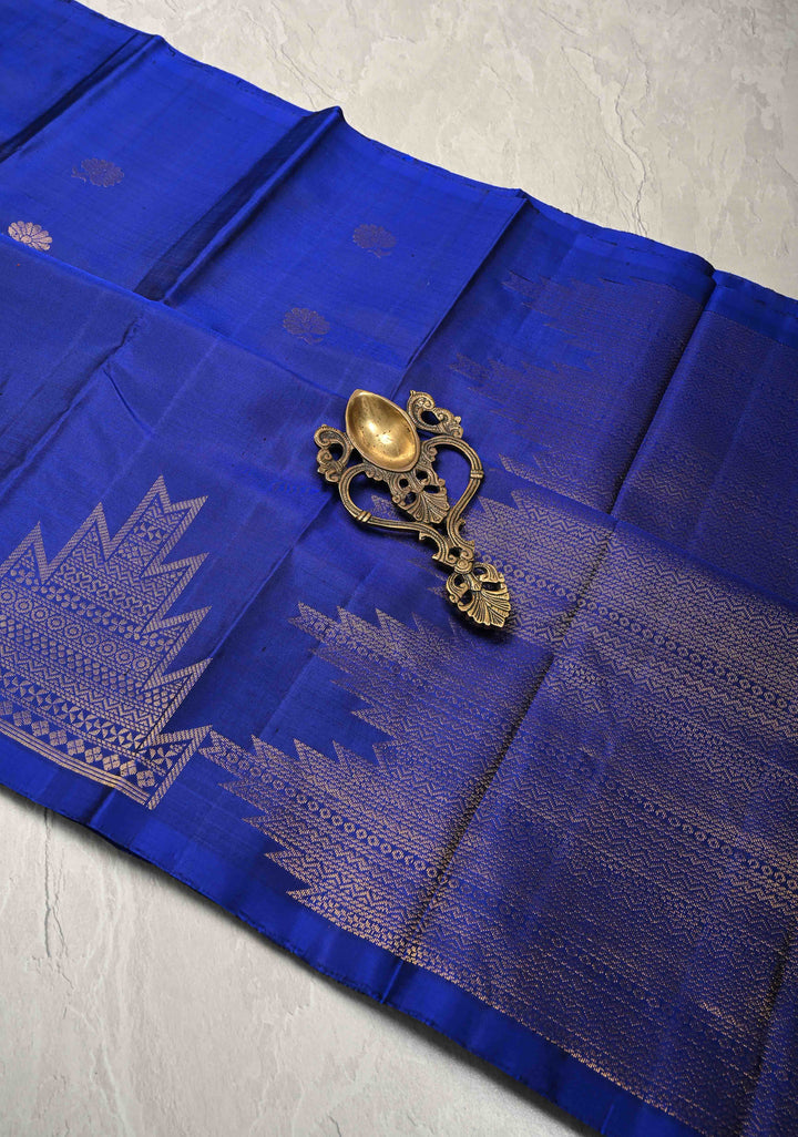 Sapphire Blue Kanjivaram Soft Silk Saree with Floral Buttas and Temple Zari Border | SILK MARK CERTIFIED