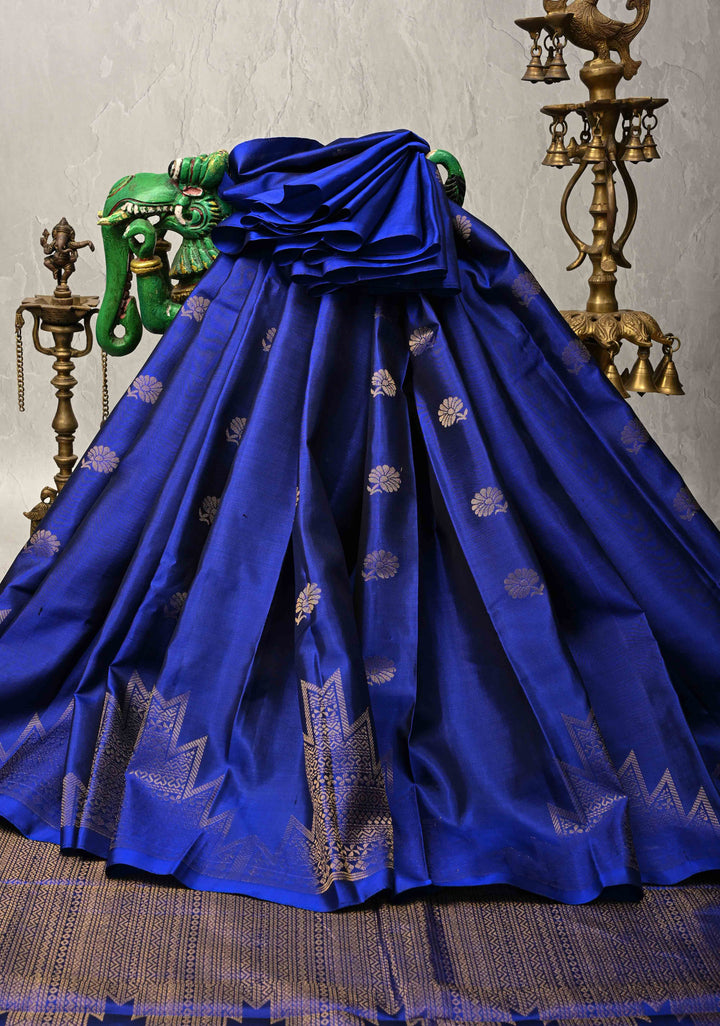 Sapphire Blue Kanjivaram Soft Silk Saree with Floral Buttas and Temple Zari Border | SILK MARK CERTIFIED