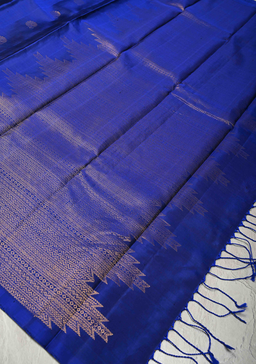Sapphire Blue Kanjivaram Soft Silk Saree with Floral Buttas and Temple Zari Border | SILK MARK CERTIFIED