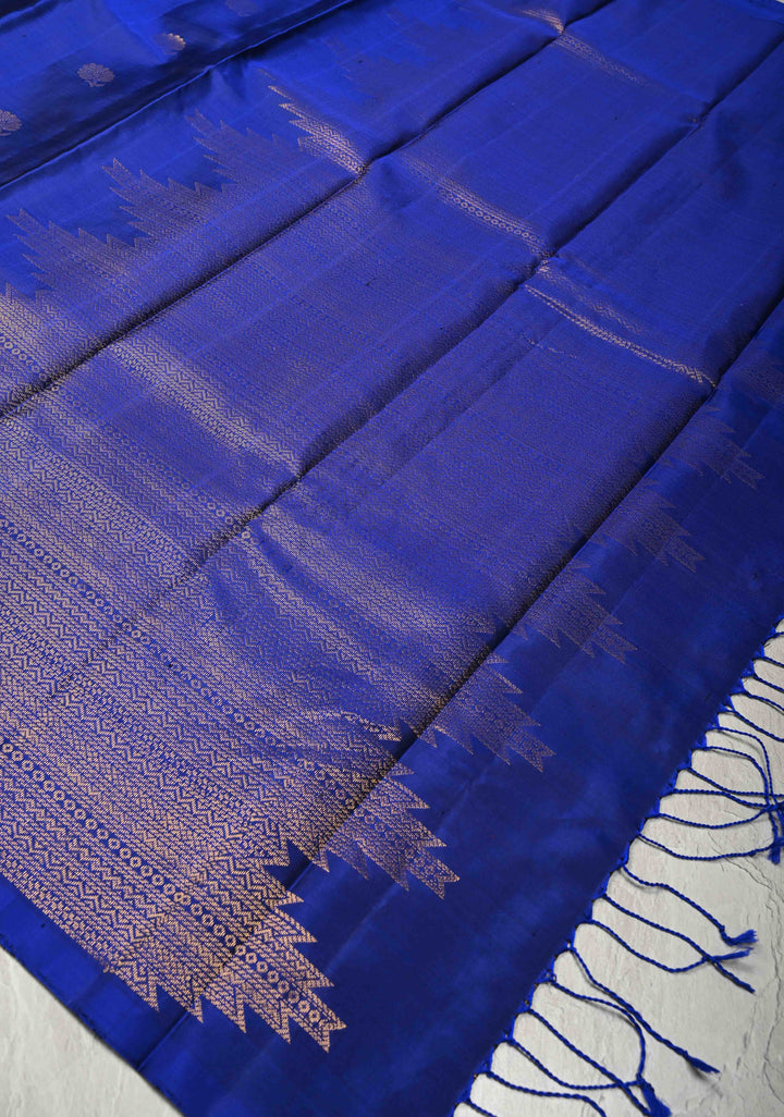 Sapphire Blue Kanjivaram Soft Silk Saree with Floral Buttas and Temple Zari Border | SILK MARK CERTIFIED