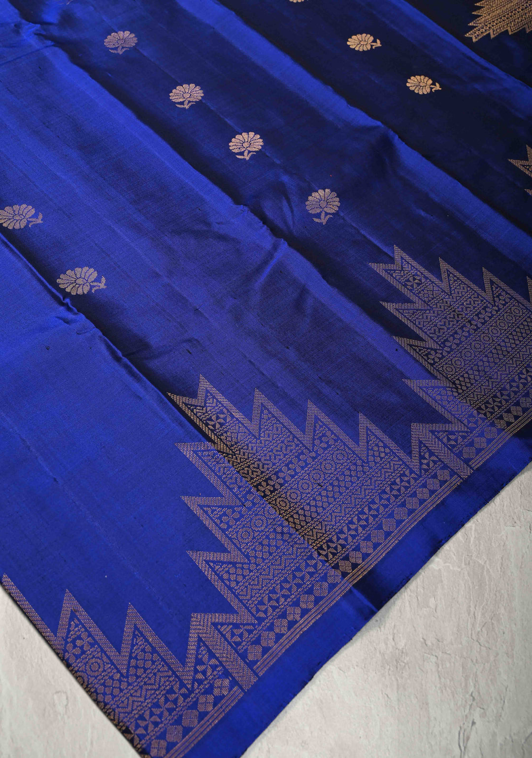 Sapphire Blue Kanjivaram Soft Silk Saree with Floral Buttas and Temple Zari Border | SILK MARK CERTIFIED