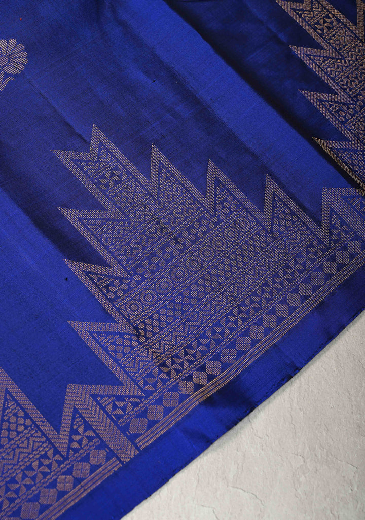 Sapphire Blue Kanjivaram Soft Silk Saree with Floral Buttas and Temple Zari Border | SILK MARK CERTIFIED