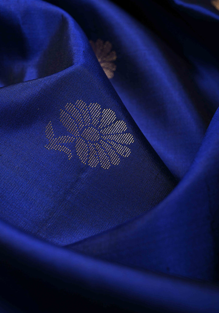 Sapphire Blue Kanjivaram Soft Silk Saree with Floral Buttas and Temple Zari Border | SILK MARK CERTIFIED
