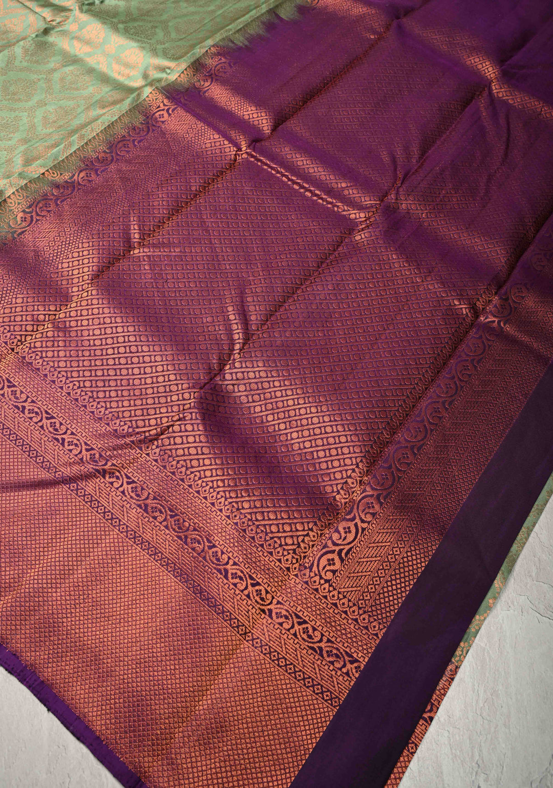 Dusty Green Brocade Kanjivaram Soft Silk Saree with Contrast Zari Border | SILK MARK CERTIFIED