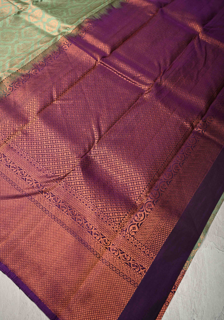 Dusty Green Brocade Kanjivaram Soft Silk Saree with Contrast Zari Border | SILK MARK CERTIFIED