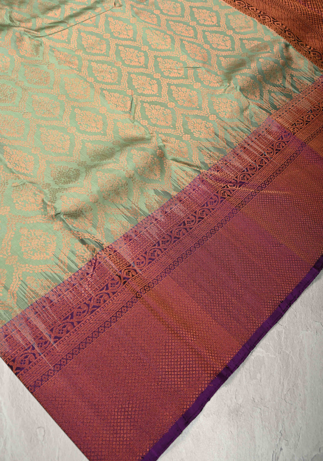 Dusty Green Brocade Kanjivaram Soft Silk Saree with Contrast Zari Border | SILK MARK CERTIFIED