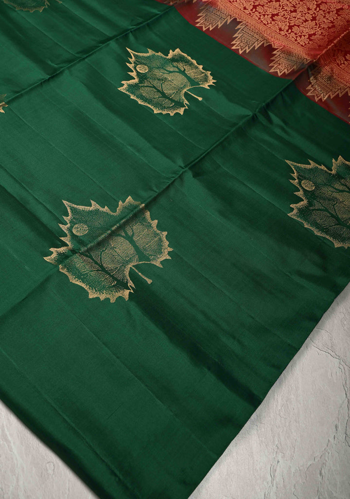 Maple Leaf Buttas Deep Forest Green Borderless Kanjivaram Soft Silk Saree and Contrast Pallu | SILK MARK CERTIFIED