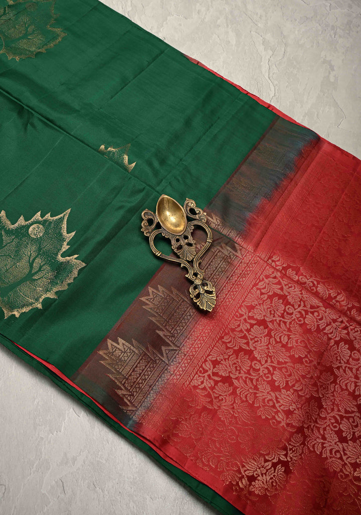 Maple Leaf Buttas Deep Forest Green Borderless Kanjivaram Soft Silk Saree and Contrast Pallu | SILK MARK CERTIFIED