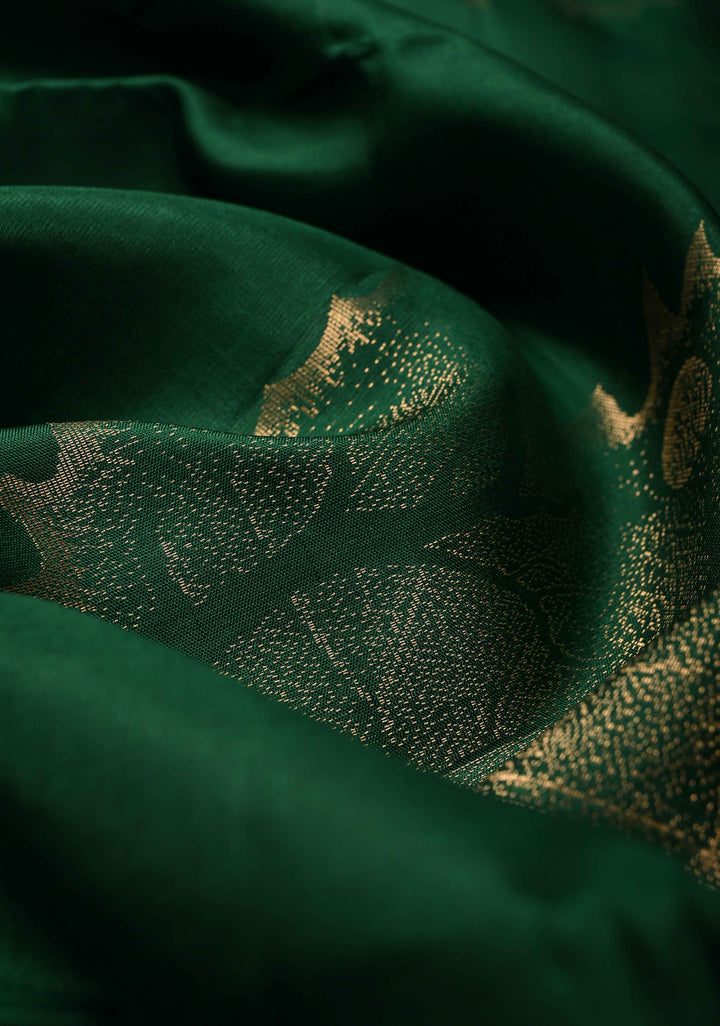 Maple Leaf Buttas Deep Forest Green Borderless Kanjivaram Soft Silk Saree and Contrast Pallu | SILK MARK CERTIFIED