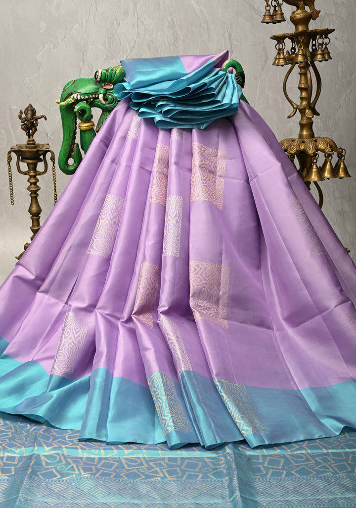 Lavender Kanjivaram Soft Silk Saree with Geometric Buttas  and Blue Contrast Border | SILK MARK CERTIFIED