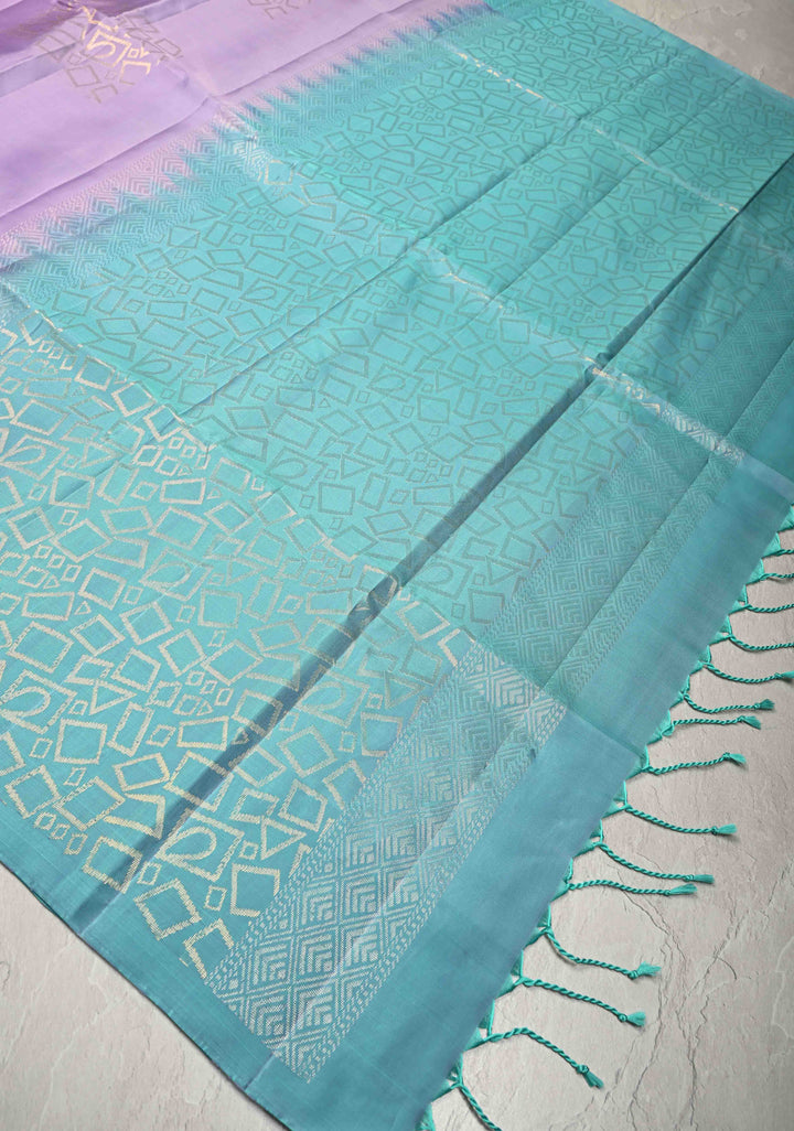 Lavender Kanjivaram Soft Silk Saree with Geometric Buttas  and Blue Contrast Border | SILK MARK CERTIFIED