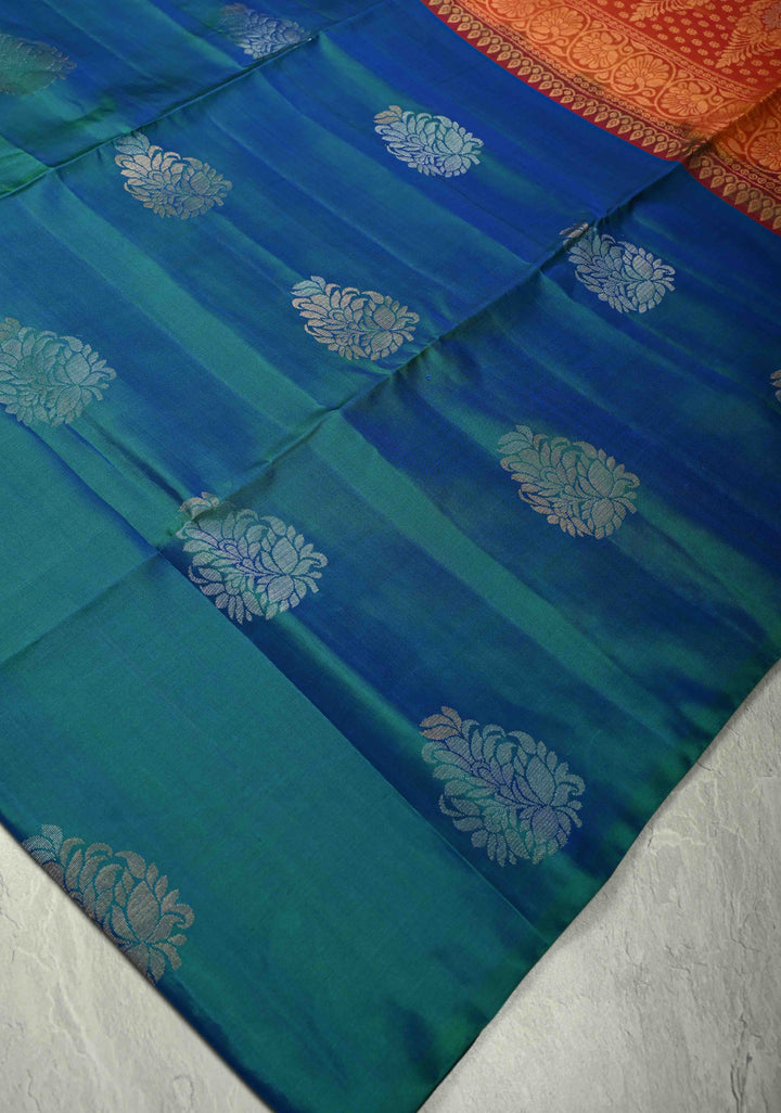 Peacock Blue Dual tone Borderless Kanjivaram Soft Silk Saree with Gold-Silver Buttas and Contrast Pallu | SILK MARK CERTIFIED