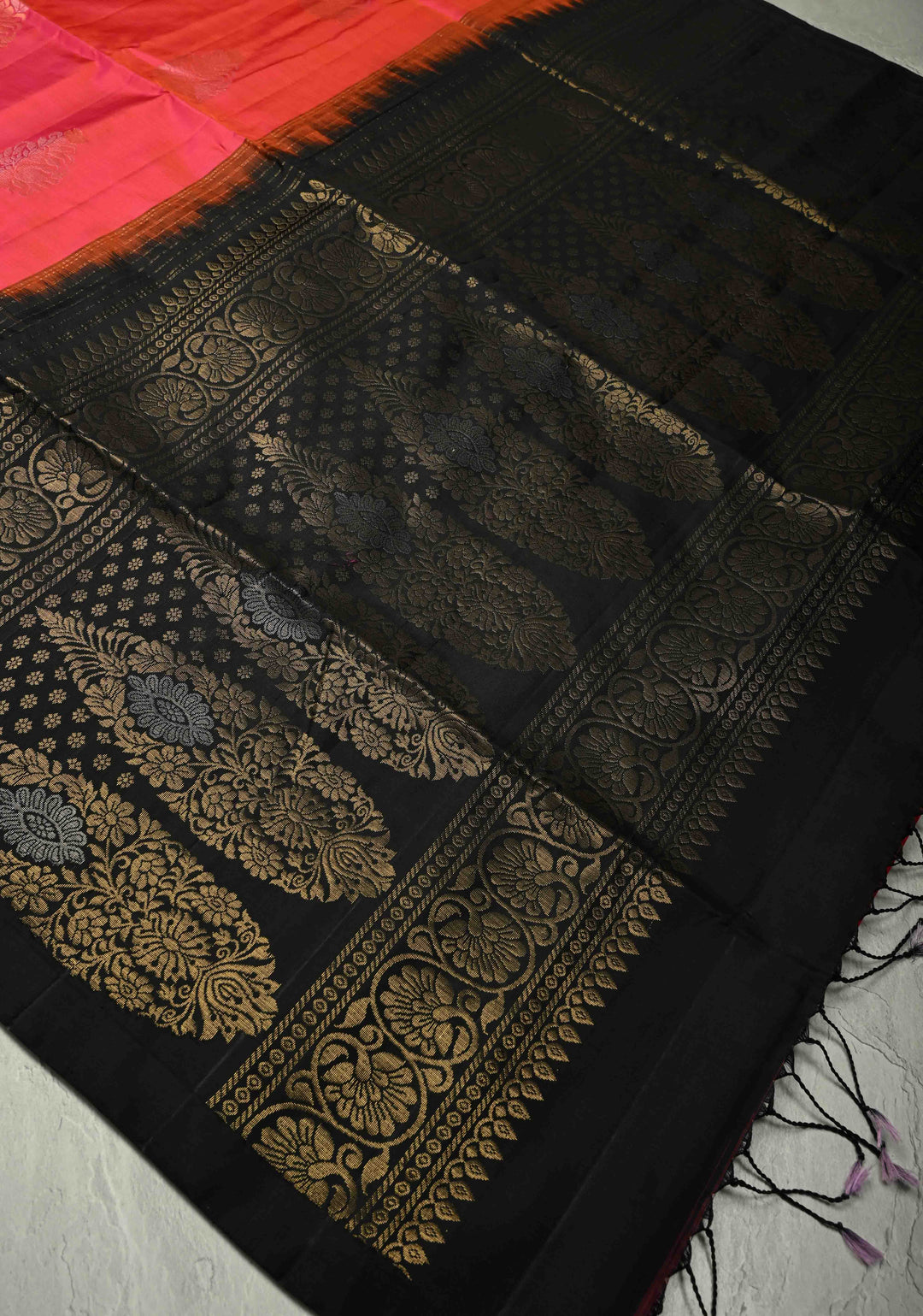 Bright Peach Dual tone Borderless Kanjivaram Soft Silk Saree with Gold-Silver Buttas and Contrast Pallu | SILK MARK CERTIFIED