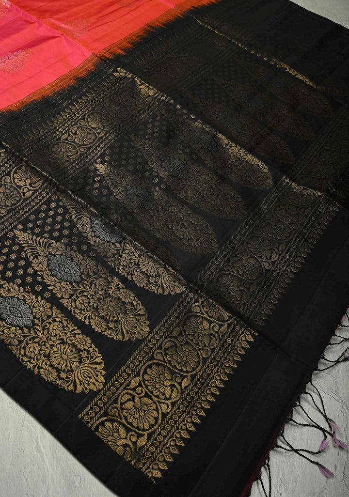 Bright Peach Dual tone Borderless Kanjivaram Soft Silk Saree with Gold-Silver Buttas and Contrast Pallu | SILK MARK CERTIFIED