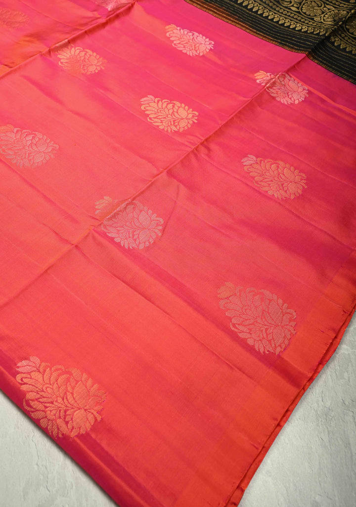 Bright Peach Dual tone Borderless Kanjivaram Soft Silk Saree with Gold-Silver Buttas and Contrast Pallu | SILK MARK CERTIFIED