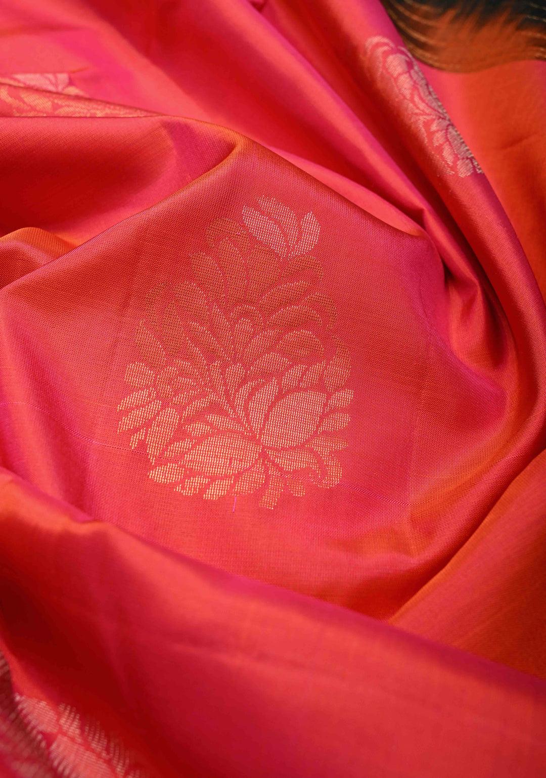 Bright Peach Dual tone Borderless Kanjivaram Soft Silk Saree with Gold-Silver Buttas and Contrast Pallu | SILK MARK CERTIFIED