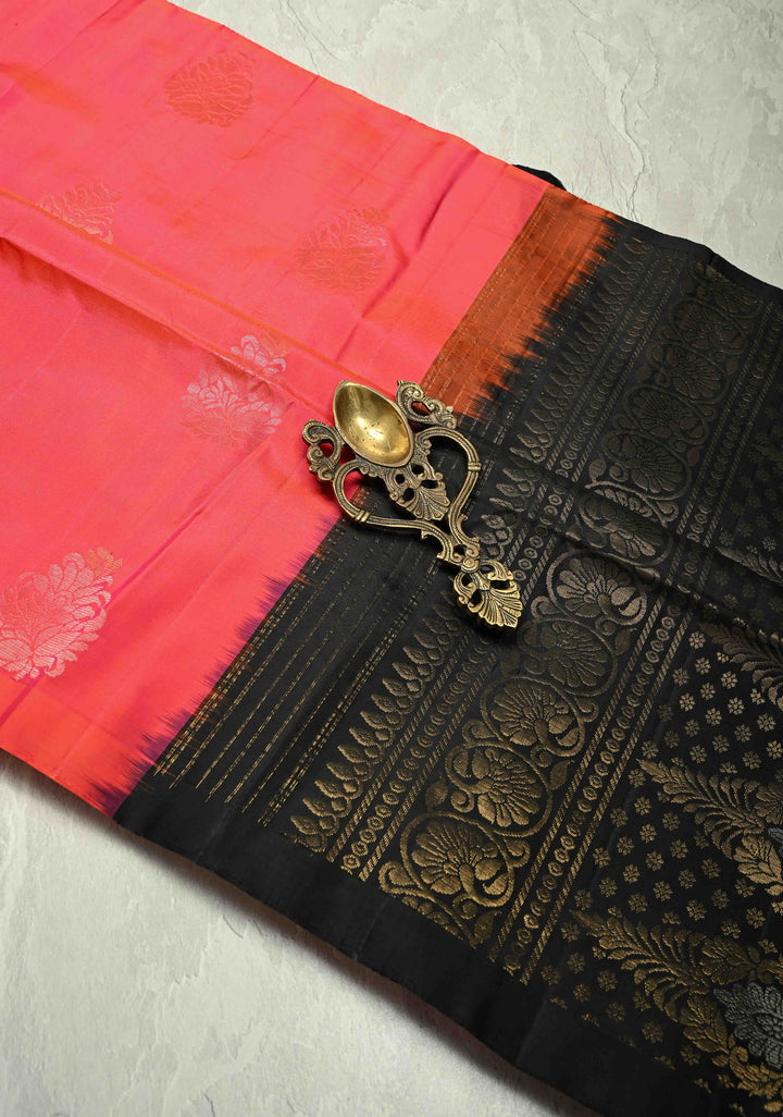 Bright Peach Dual tone Borderless Kanjivaram Soft Silk Saree with Gold-Silver Buttas and Contrast Pallu | SILK MARK CERTIFIED