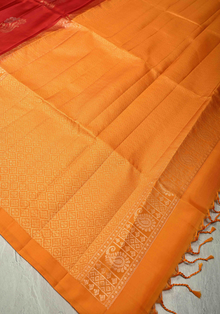 Red Kanjivaram Soft Silk Saree with Resham Butta and Contrast Orange Border | SILK MARK CERTIFIED
