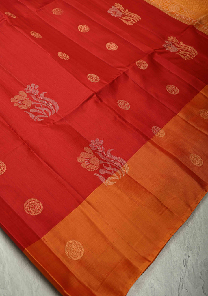 Red Kanjivaram Soft Silk Saree with Resham Butta and Contrast Orange Border | SILK MARK CERTIFIED