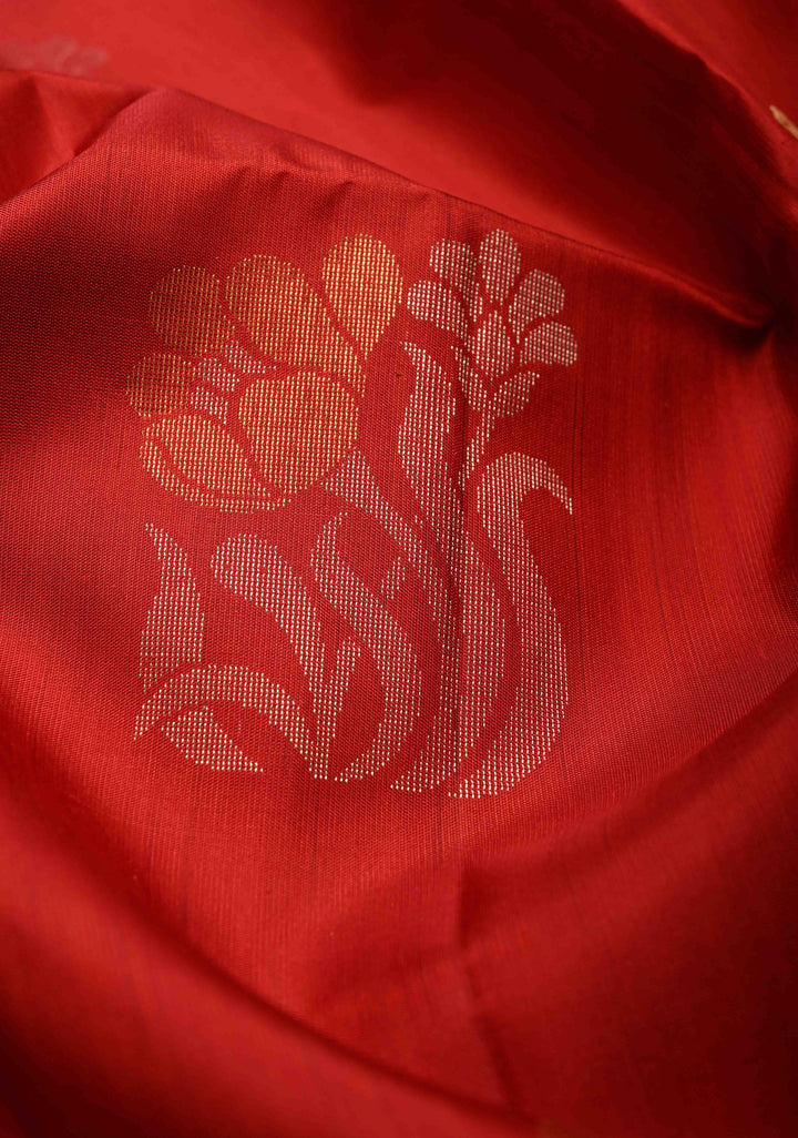 Red Kanjivaram Soft Silk Saree with Resham Butta and Contrast Orange Border | SILK MARK CERTIFIED