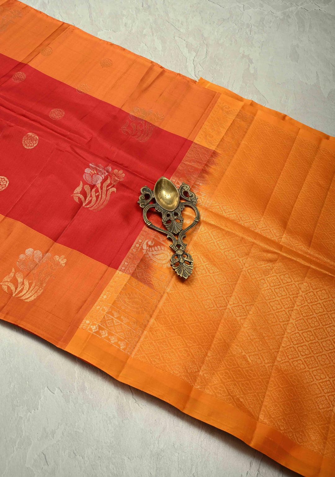 Red Kanjivaram Soft Silk Saree with Resham Butta and Contrast Orange Border | SILK MARK CERTIFIED