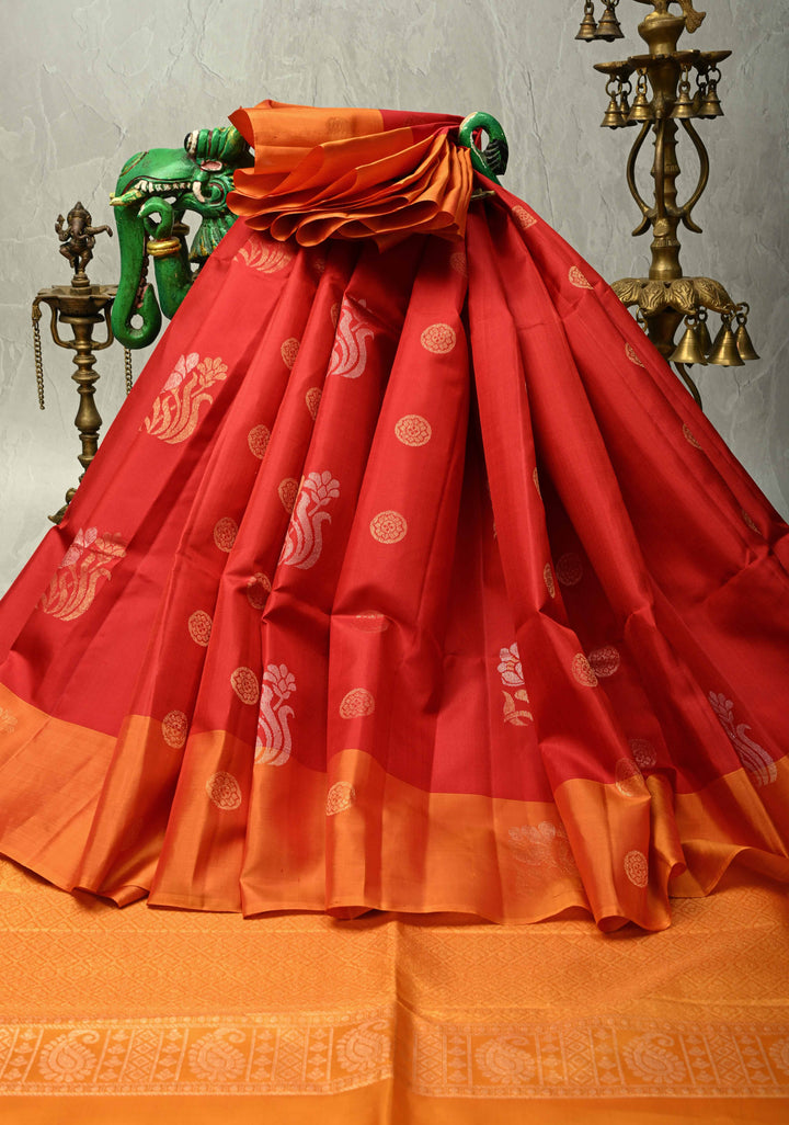 Red Kanjivaram Soft Silk Saree with Resham Butta and Contrast Orange Border | SILK MARK CERTIFIED