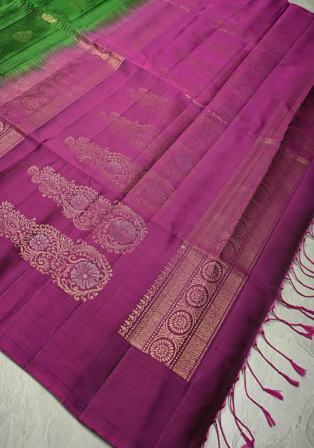 Parrot Green Zari Stripes on Kanjivaram Soft Silk Saree with Zari Buttas and Contrast Border | SILK MARK CERTIFIED