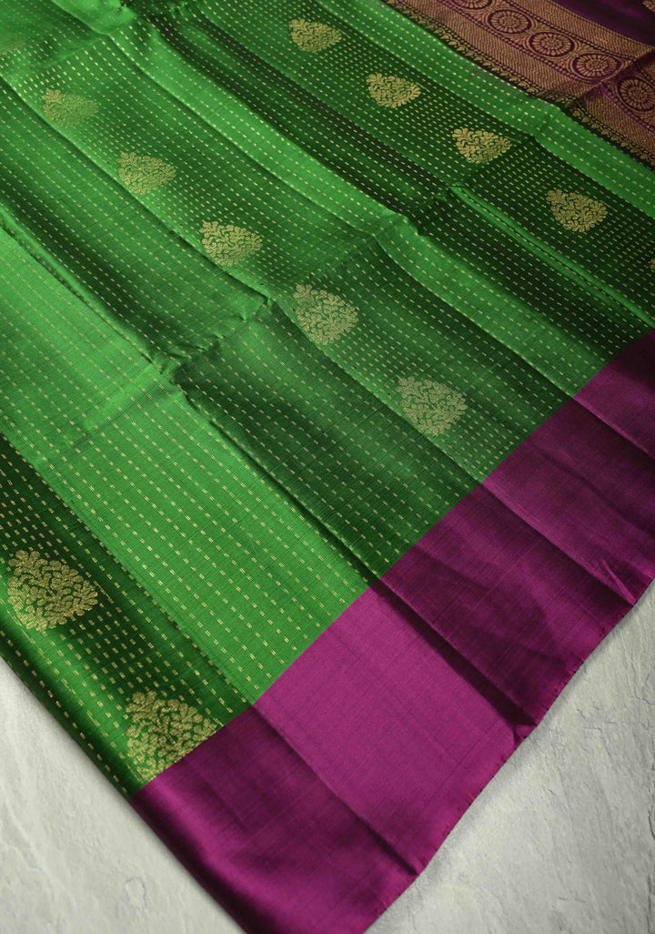 Parrot Green Zari Stripes on Kanjivaram Soft Silk Saree with Zari Buttas and Contrast Border | SILK MARK CERTIFIED