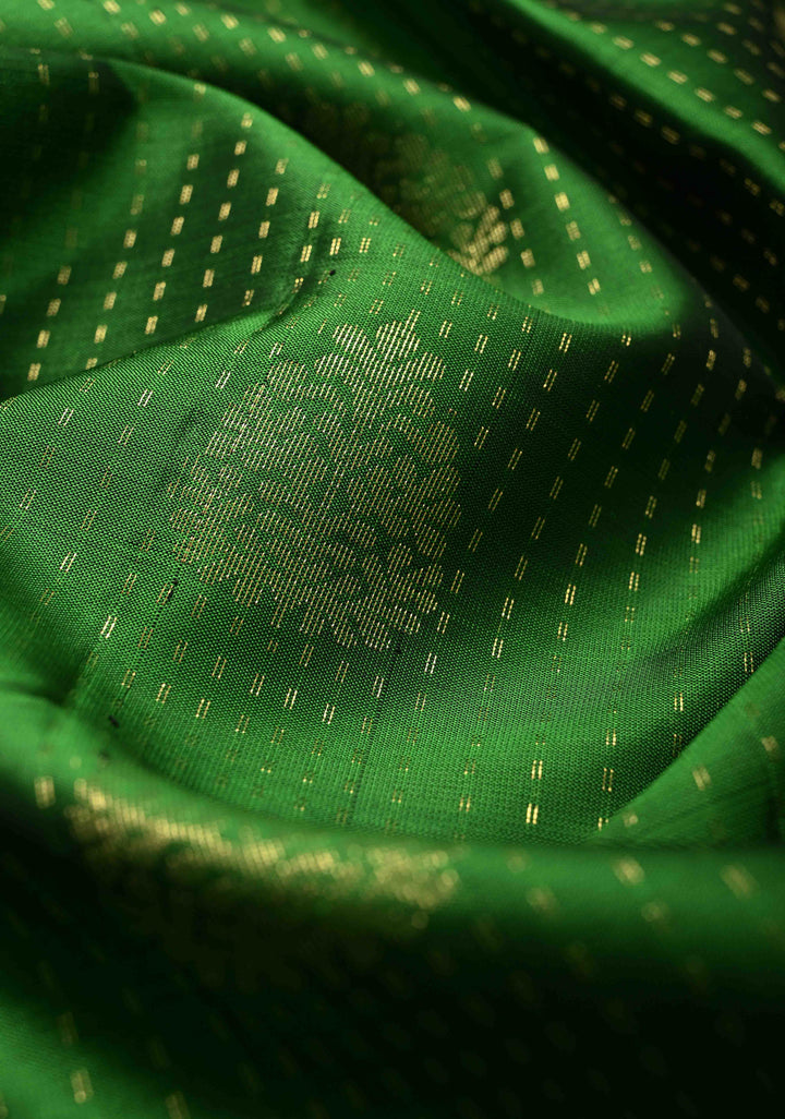Parrot Green Zari Stripes on Kanjivaram Soft Silk Saree with Zari Buttas and Contrast Border | SILK MARK CERTIFIED