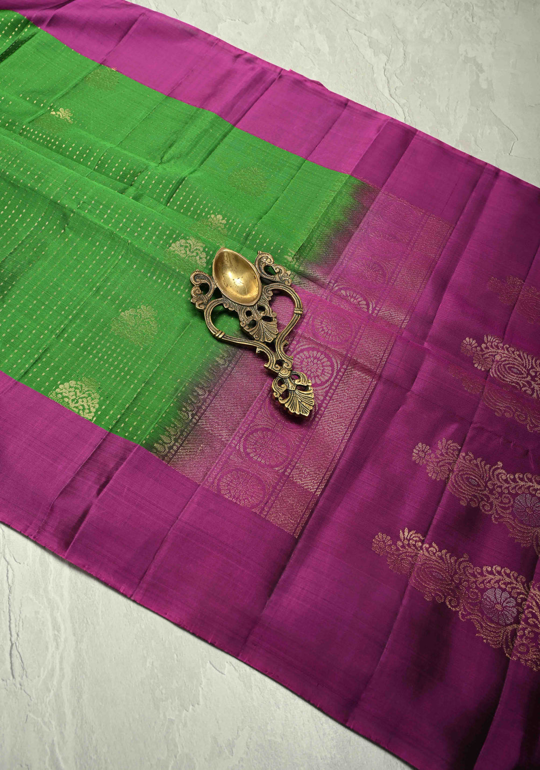 Parrot Green Zari Stripes on Kanjivaram Soft Silk Saree with Zari Buttas and Contrast Border | SILK MARK CERTIFIED
