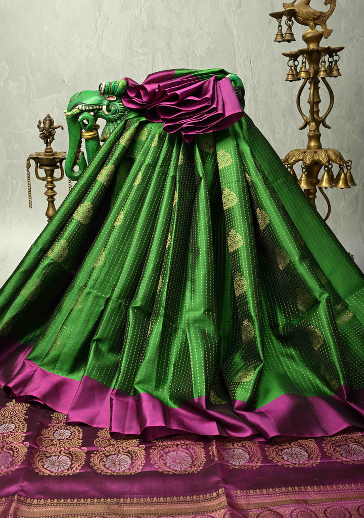 Parrot Green Zari Stripes on Kanjivaram Soft Silk Saree with Zari Buttas and Contrast Border | SILK MARK CERTIFIED