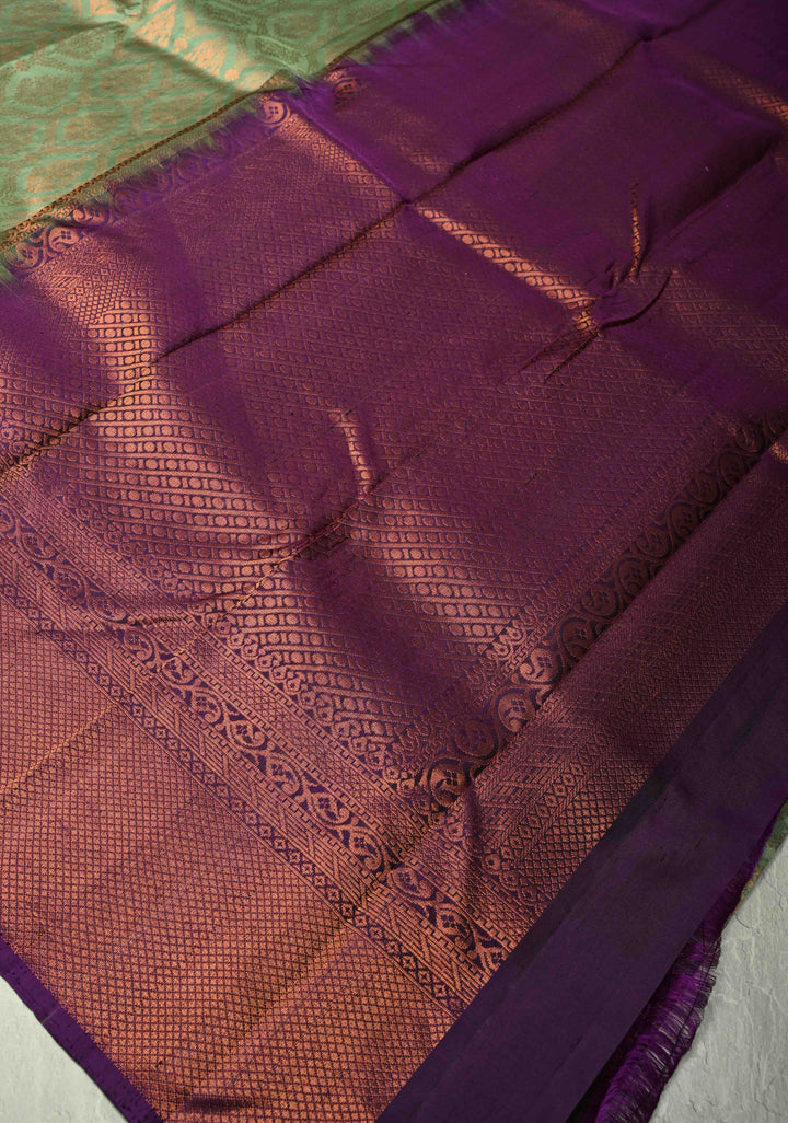 Pure Banarasi Soft Silk Saree in Spring Green with Antique Floral Brocade Jaal and Contrast Border | SILK MARK CERTIFIED