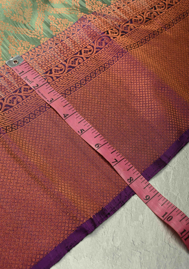 Pure Banarasi Soft Silk Saree in Spring Green with Antique Floral Brocade Jaal and Contrast Border | SILK MARK CERTIFIED